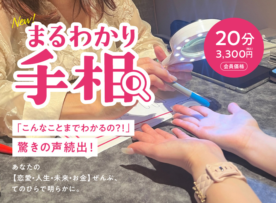 まるわかり手相 「こんなことまでわかるの?!」驚きの声続出!あなたの【恋愛・人生・未来・お金】ぜんぶ、てのひらで明らかに。20分3,300円(会員価格)